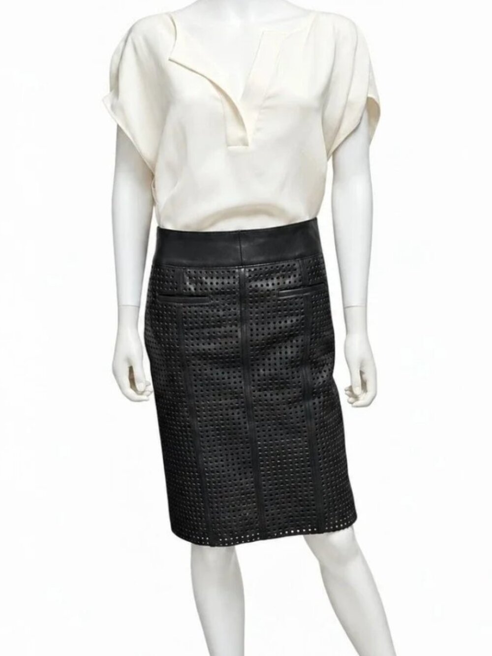 TOM FORD | SS12 Perforated Black Lamb Leather Pencil Skirt IT 38 / US 2-4